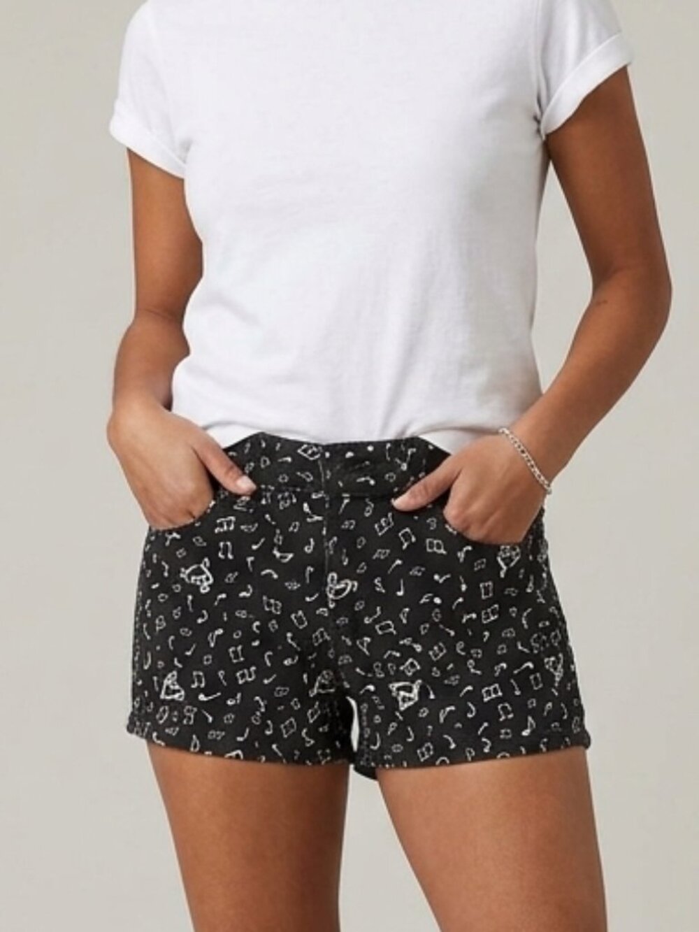 Lovesick Music Notes Black and White Denim Shorts